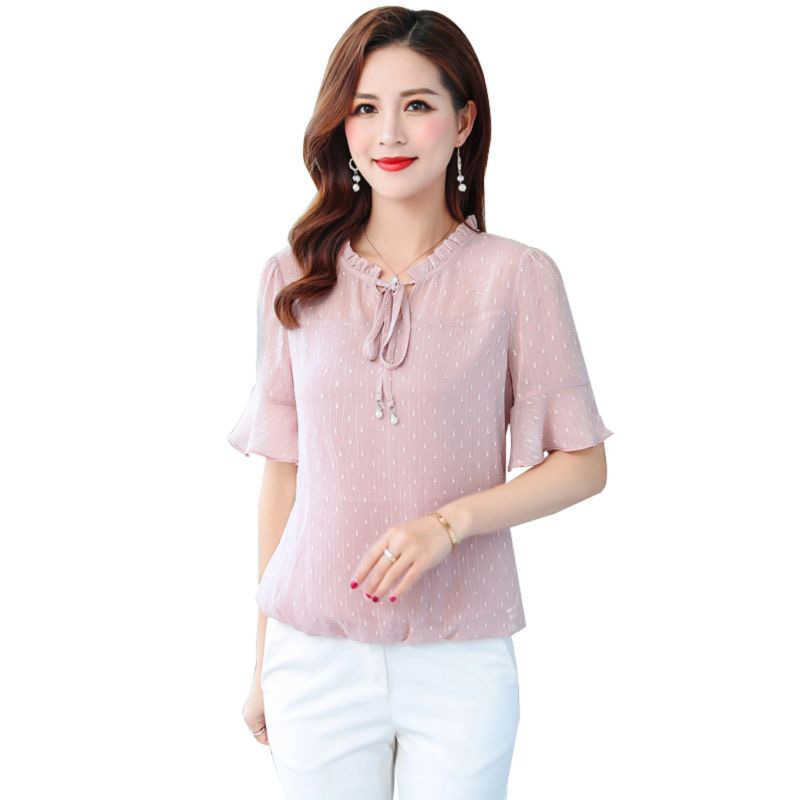 

Women Spring Summer Style Chiffon Blouses Shirts Lady Casual Short Flare Sleeve Bow Tie Decor Blusas Tops DF2957 210609, Blue