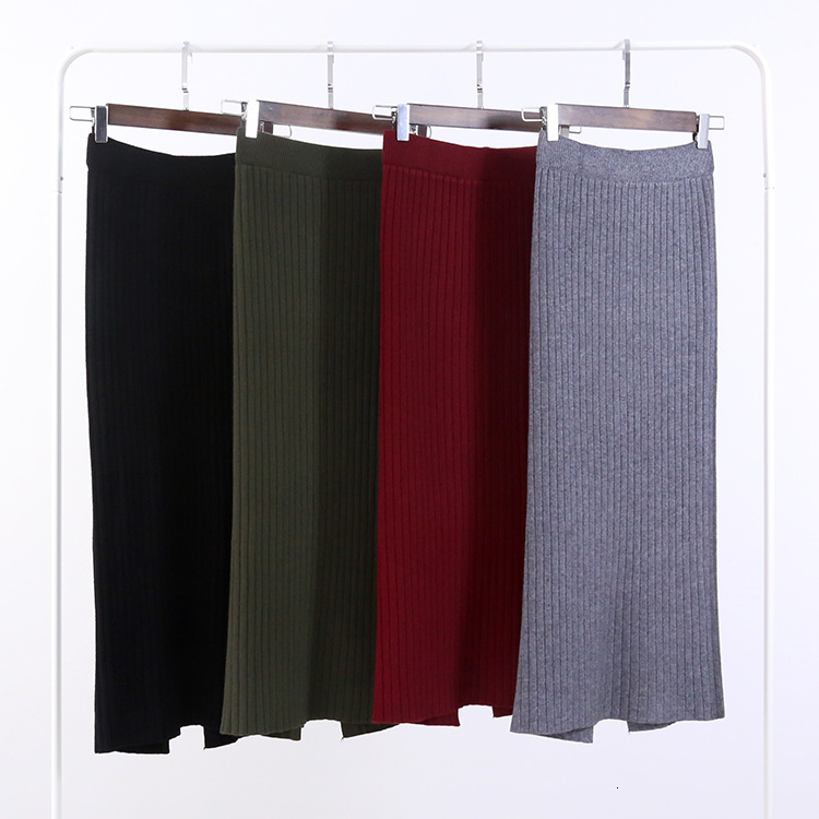 

2021 New 80cm Elastic Band Women Skirts Autumn Winter Warm Knitted Straight Ribbed Mid-long Skirt Black Pct1, Gray