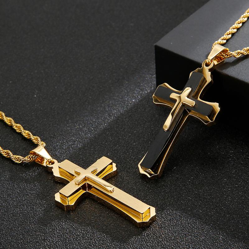 

Pendant Necklaces Cross Necklace For Men Gold Filled Stainless Steel Double Layer Simple Religious Jewelry Gift Son Boy, Silver