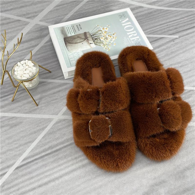 

Hot Sale-Ladies Slippers 100% High Quality Fur Real Mink Casual Flat Shoes Home Girl Outdoor, Beige