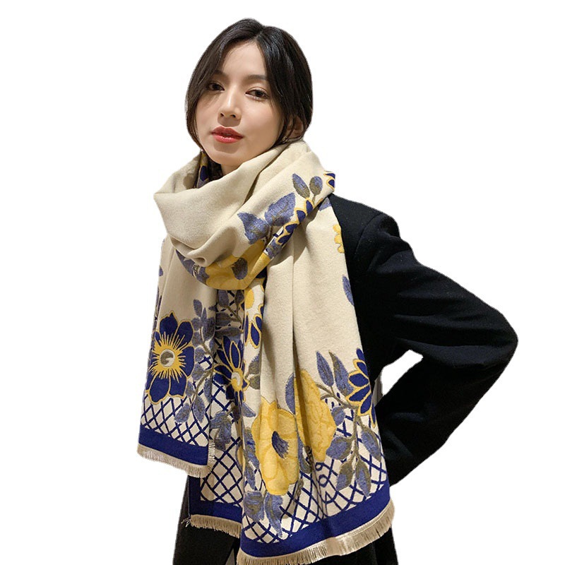 

2021 Autumn and Winter New Border Chinese Scarf Womens Thick Warm All-Match Flower-like Cashmere Brushed Shawl