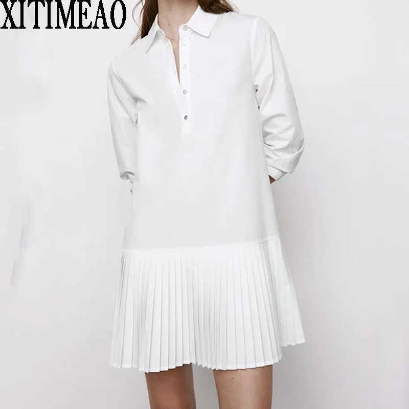 

ZA Women Patchwork Lapel Loose A-line Long Sleeve Mini Pleated Skirt Dresses Female Chic XITIMEAO 210604, White