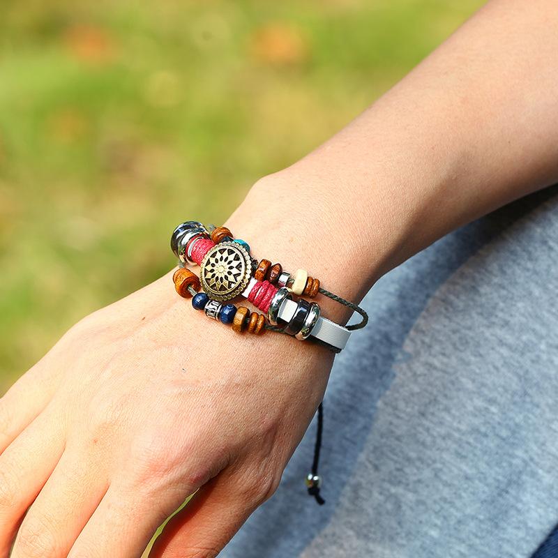 

Charm Bracelets Fashion Leather Bracelet Wood Beads Vintage Three Layers Bangle Wristband Jewelry Holiday Brithday Gifts, Golden;silver