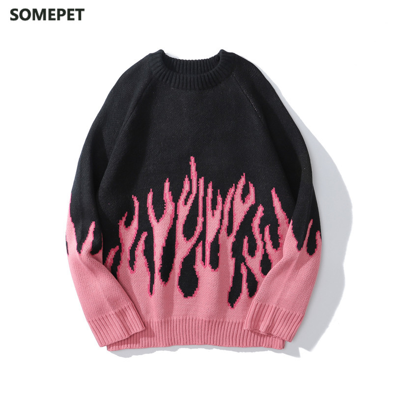 

pink flame off shoulder sweater men women autumn oversized mens sweater knitwear men clothing, Black