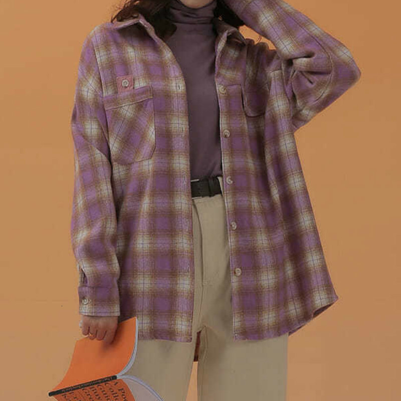 

2021 New Deeptown Xadrez Inverno Moda Malha Manga Comprida Feminina Solto Casual Roxo Engrossar Boto Acima Da Camisa Kaaw, Purple