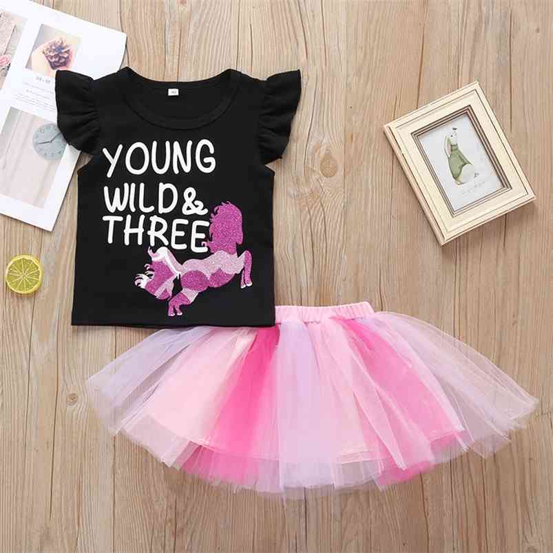 

Summer Children Sets Casual Sleeveless O Neck Print Horse Tops Mesh Skirt 2Pcs Girl Boys Clothes 9M-5T 210629, Black
