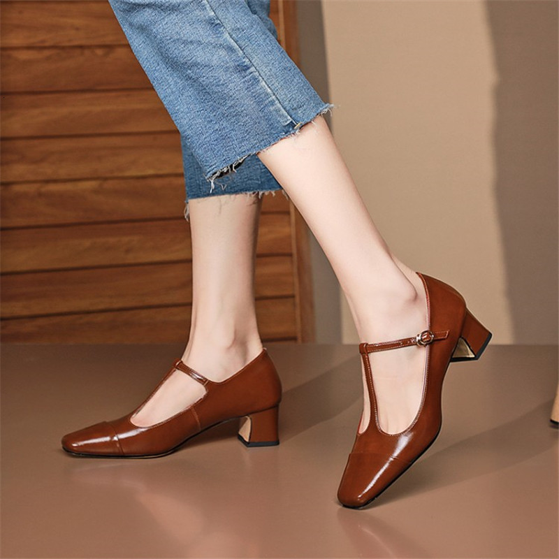

Sandals spring/autumn women's shoes square toe thick heel buckle leather solid pumps t-strap mary janes female heels 2WH3, 1# shoe box