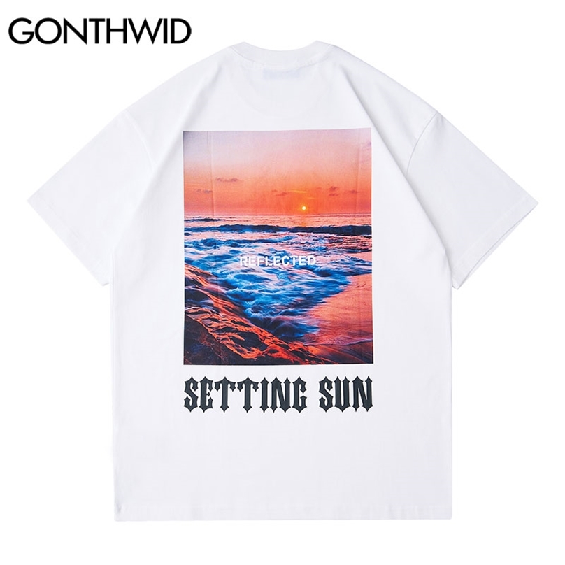 

Oversized Tees Shirts Harajuku Beach Sunset Print Tshirts Fashion Hip Hop Streetwear Casual Cotton Loose Summer Tops 210602, Black