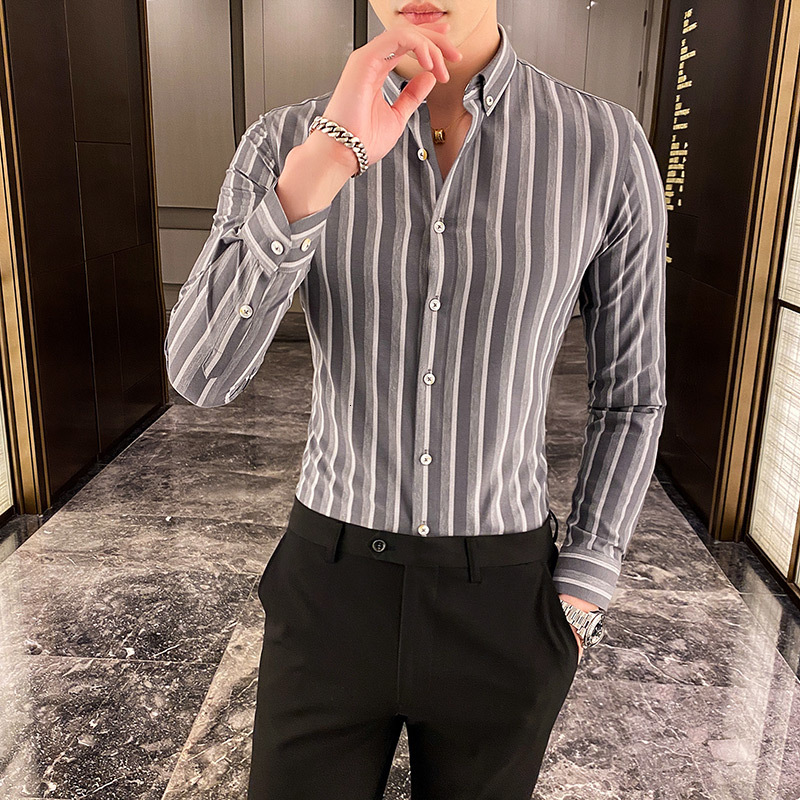 

New Moda 2021 Primavera Novo Coreano Magro Ajuste Listrado Camisas Para Roupas Masculinas Simples Negcios Formal Usar Manga Longa Vestido 3x, Blue