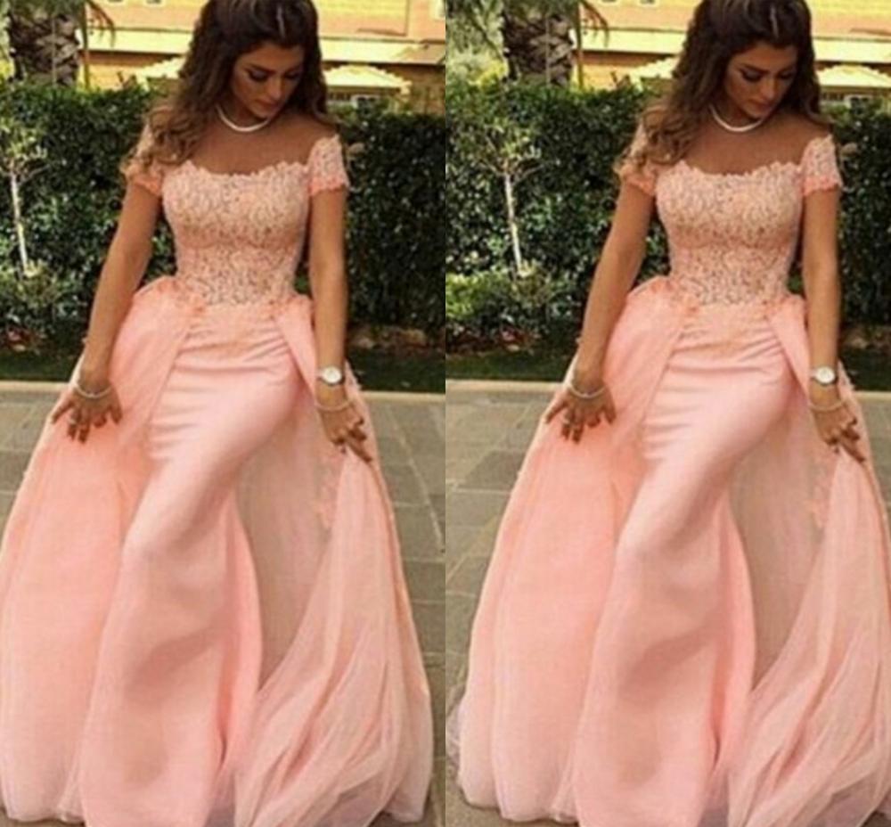 

2021 New Mermaid Off the Shoulder Tulle Top Lace Dubai Kaftan Saudi Arabic Pink Long Evening Gown Detachable Train Ae3z, Champagne