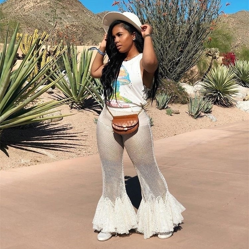 

BKLD New Women Cover Up Mesh Sheer Pants Ruffle Flare Pants High Waist Trousers Fishnet See Through Pants Beach Party Clubwear T200608, White