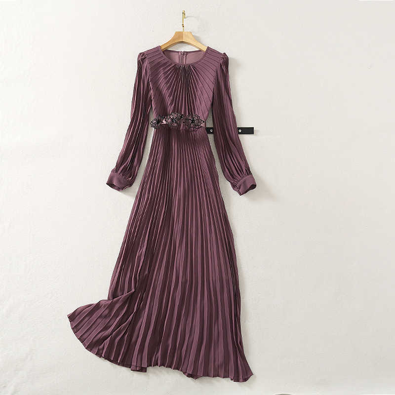

HIGH QUALITY est Runway Designer Dresses Spring Ladies Elegant O'neck Long Sleeve Belt Full Pleated Maxi Dress 210526, Khaki