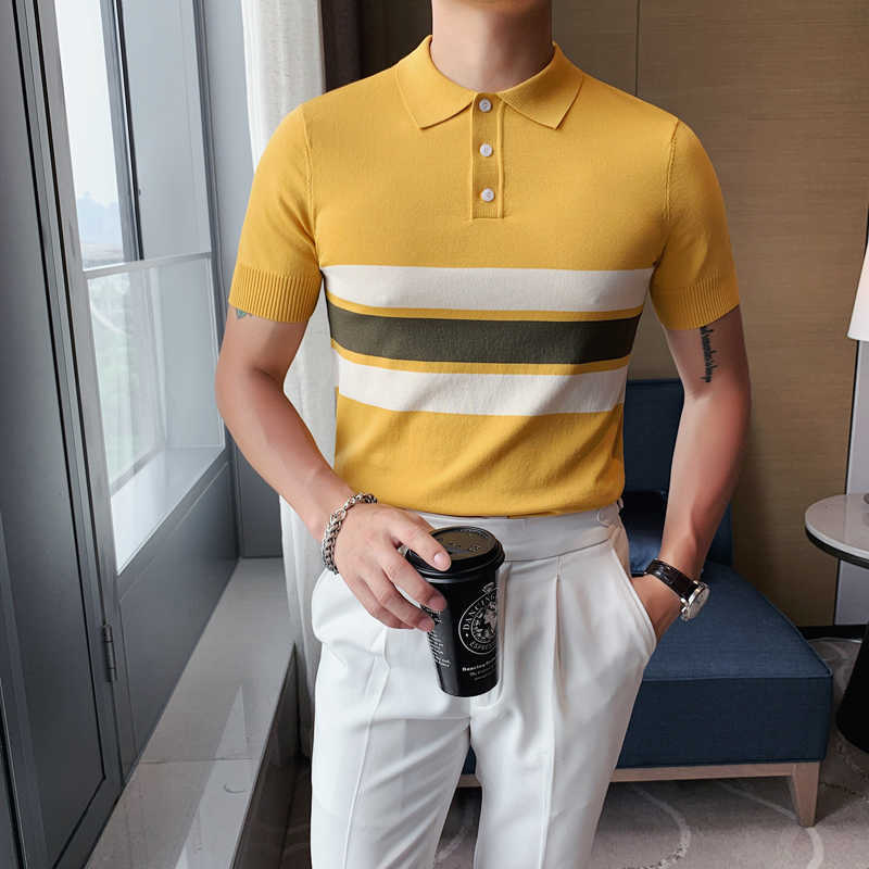 

Striped Knitted Polo Shirt Men Fashion Summer Shorts Sleeve Lapel Polos High Quality Casual Business Social Polo Camisa Hombre 210527, Yellow