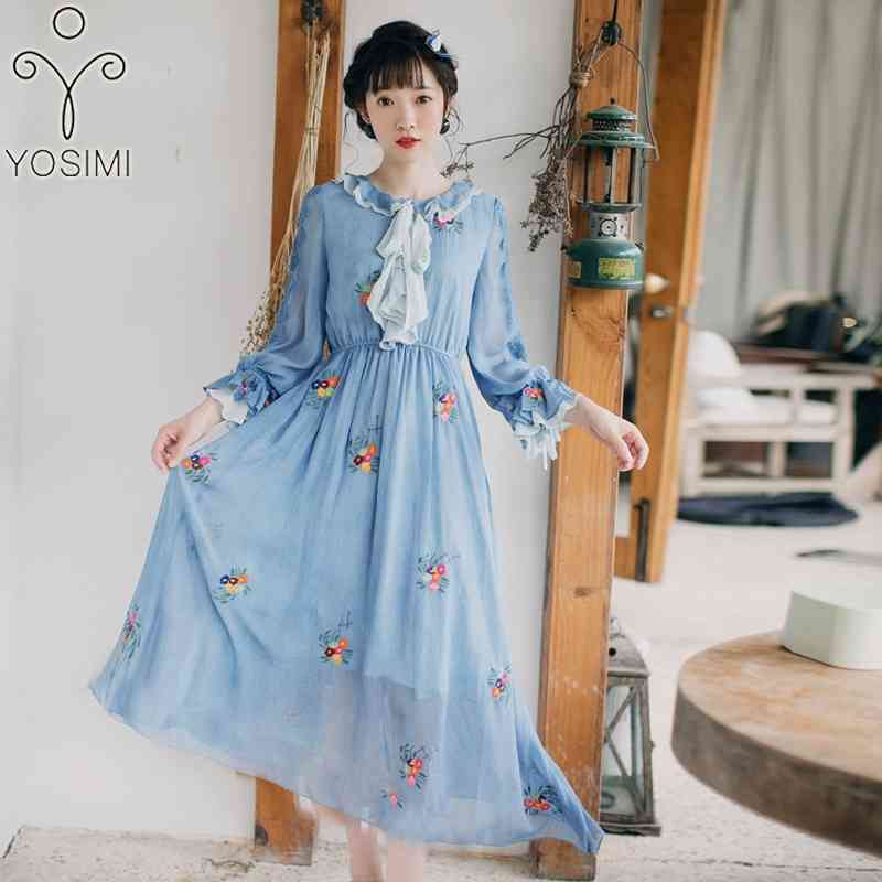 

YOSIMI Spring Summer Long Women Dress Maxi Preppy Style Blue Sleeve O-Neck Sweet Girl A-line Mid-calf Elegant 210604, Sky blue