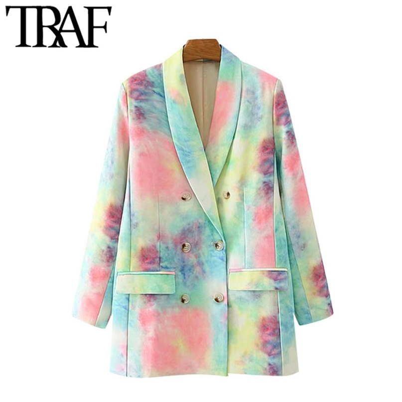 

TRAF Women Fashion Double Breasted Tie-dye Print Blazer Coat Vintage Long Sleeve Pockets Female Outerwear Chic Tops 211019, As picture