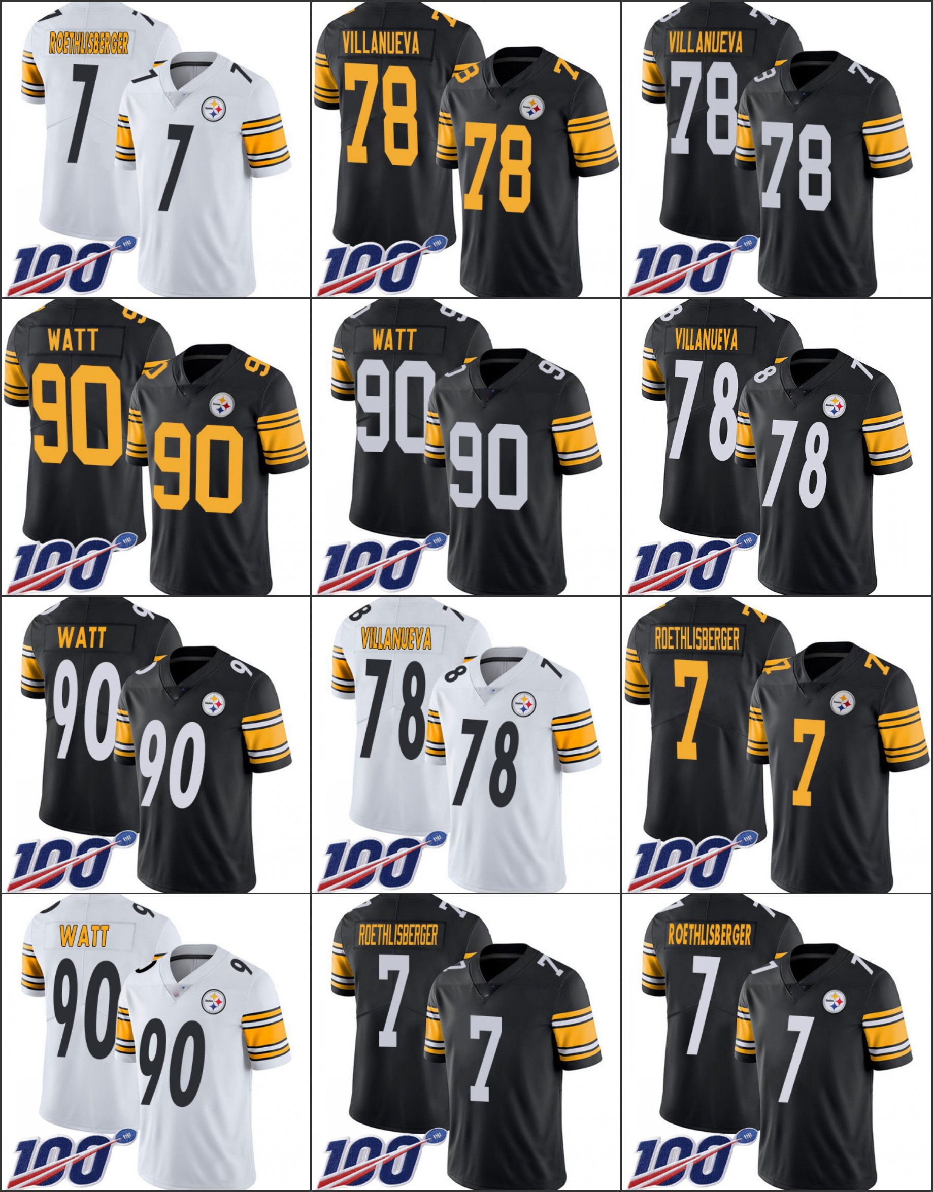 

PittsburghSteelersMen #78 Alejandro Villanueva 90 T. J. Watt 7 Ben Roethlisberger Women Youth 100th Limited Jersey, Black;red