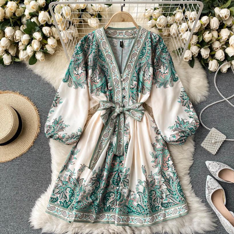 

spring summer runway fashion paisley women dress print vintage v neck 3 4 balloon sleeve belted mini, Black;gray