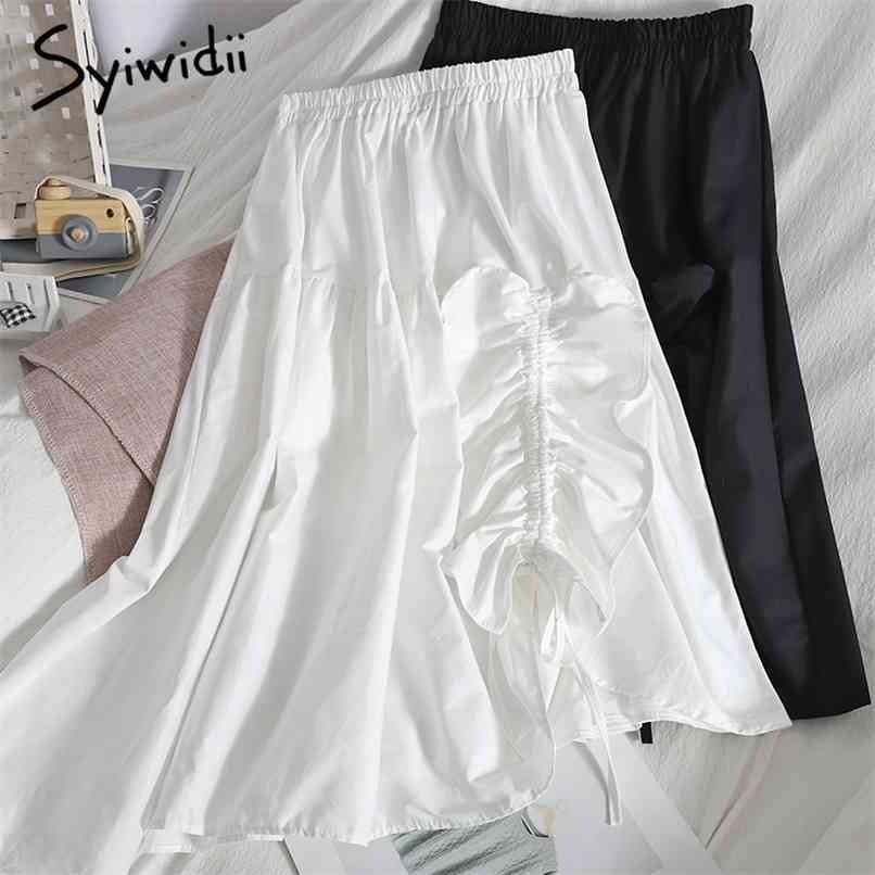 

Irregular Drawstring Bow Lace Up Elastic High Waist Midi Skirts Women A-Line Korean White Clothing Summer Fashion 210607, Black
