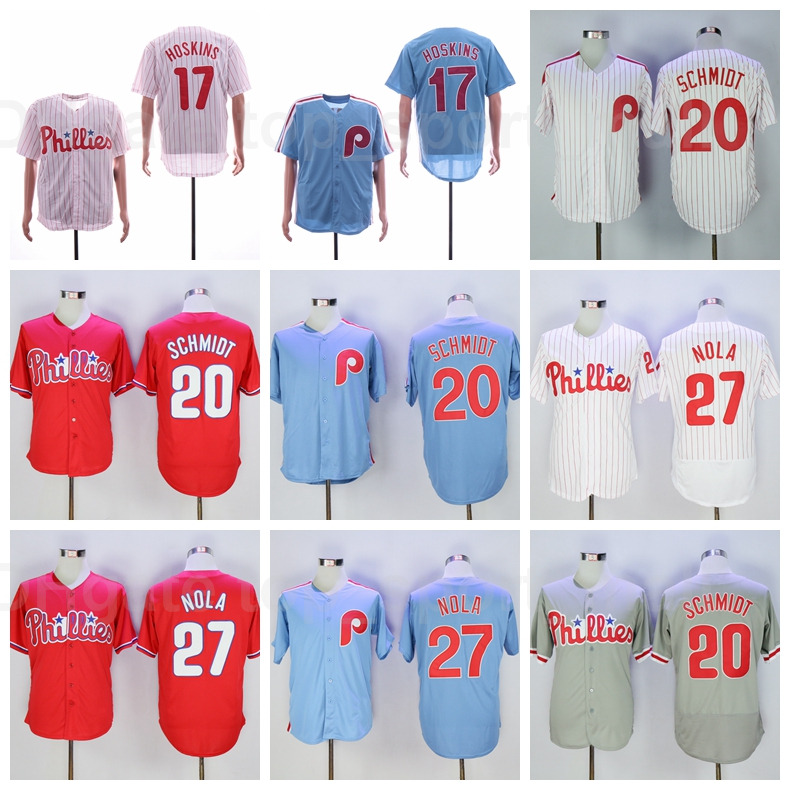 

2016 Retror Baseball Vintage 20 Mike Schmidt Jersey 27 Aaron Nola 17 Rhys Hoskins Red White Blue Pinstripe Flexbase Cool Base Cooperstown, 17 white