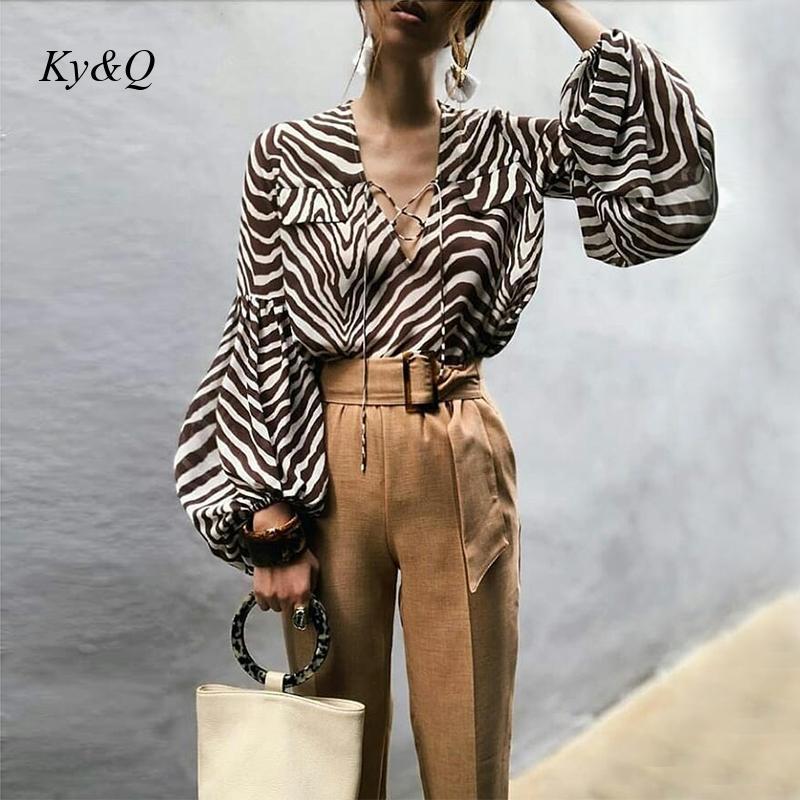 

Women's Blouses & Shirts V-Neck Zebra Print Long Sleeve Loose Blouse Fashion Versatile Lace Up Tops Female 2021 Summer Autumn Design, White