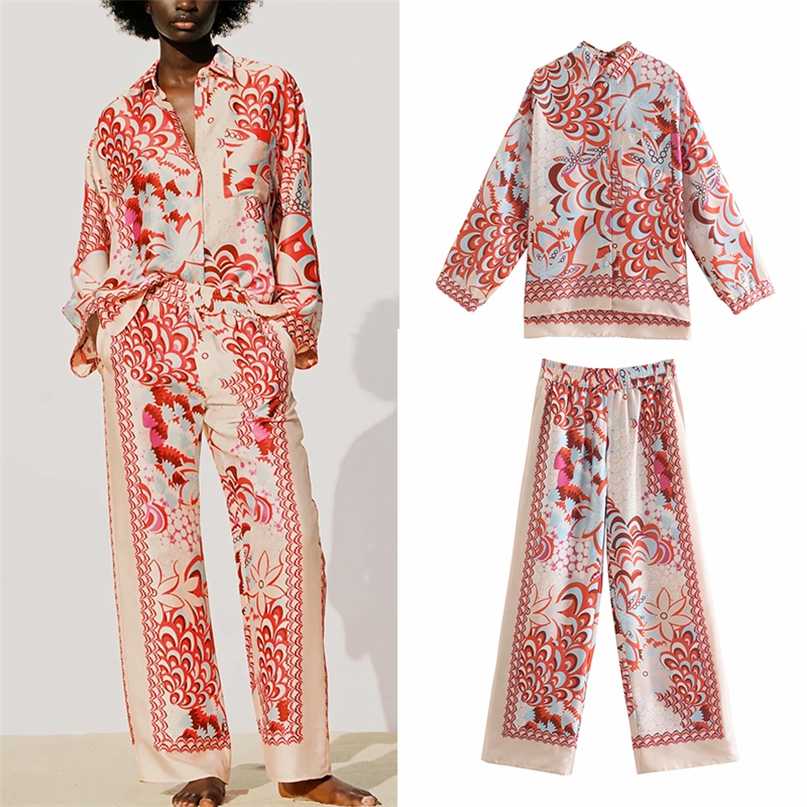 

2pcs ZA Women Blouses +Trousers Suit Summer Printed Long Sleeve Blouse Set Female Pants Single Breasted Casual Clothes 211105, Pant