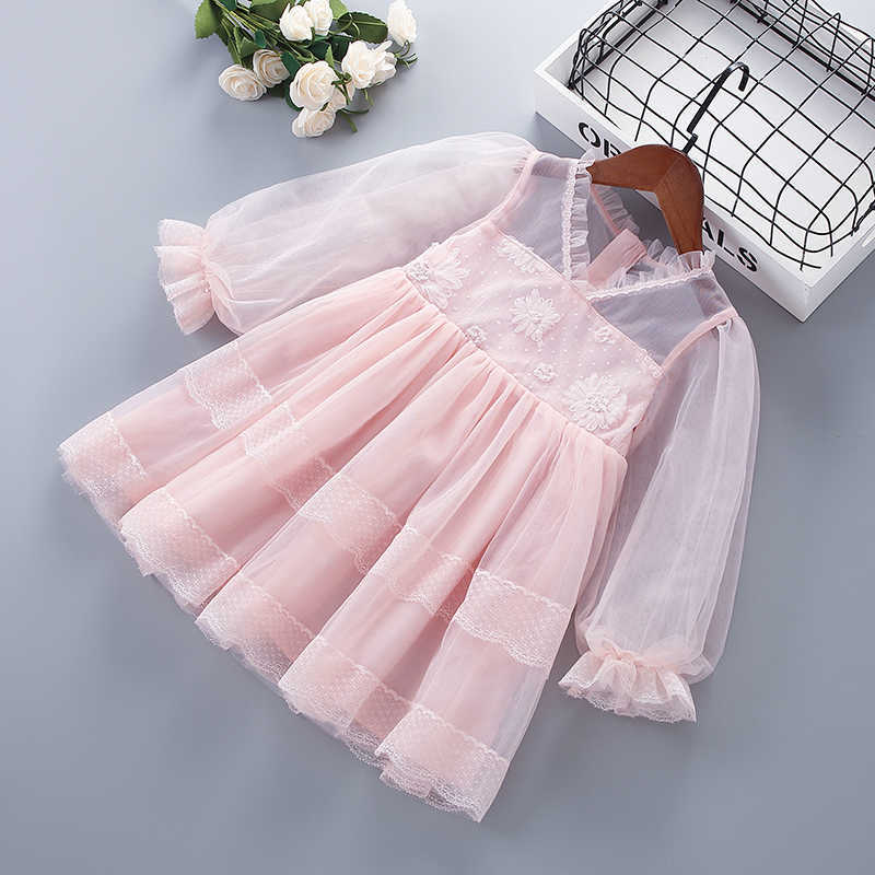 

3-7 Years High Quality Spring Girl Dress Chiffon Flower Draped Ruched Kid Children Clothing Princess 210615, Sky blue