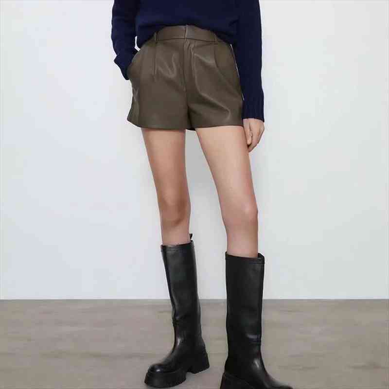 

za women chic fashion faux leather side pockets shorts vintage high waist zipper fly female short streetwear, White;black