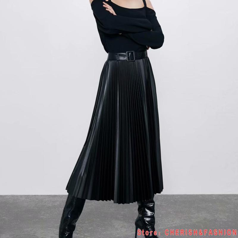 

Skirts 2021 Autumn Fashion PU Leather Pleated Skirt Elastic High Waist All-match Female's Bottoms Black, 1480g black