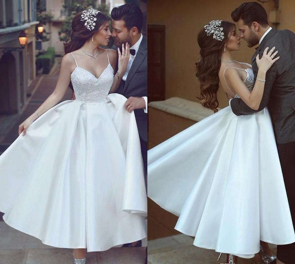 

2021 New Tea-length Beach Wedding Es Sexy Spaghetti Backless Simple Lace Stain Summer Holiday Seaside Bridal Gowns Jm39, Ivory