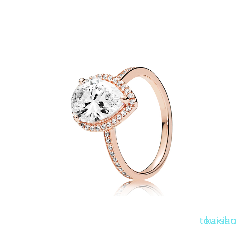 

18K Rose gold Tear drop CZ Diamond RING with Original Box for Pandora 925 Silver Wedding Rings Set Engagement Jewelry for Women