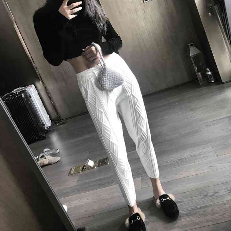

winter thicken women harem pants casual drawstring twisted knitted pants femme chic warm female sweater trousers winter, Black;white