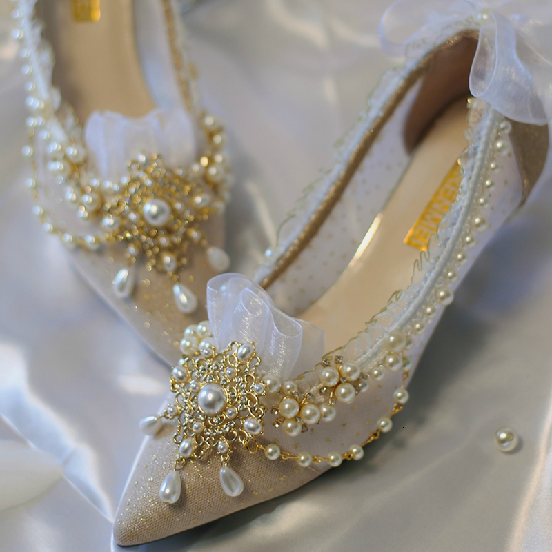 

Finger Pointed Handcrafted White Flower Moon Lolita Wedding Pearl Women's Lace Anime Cosplay Graduation Tea Girl's Shoes 84ij, Beige.