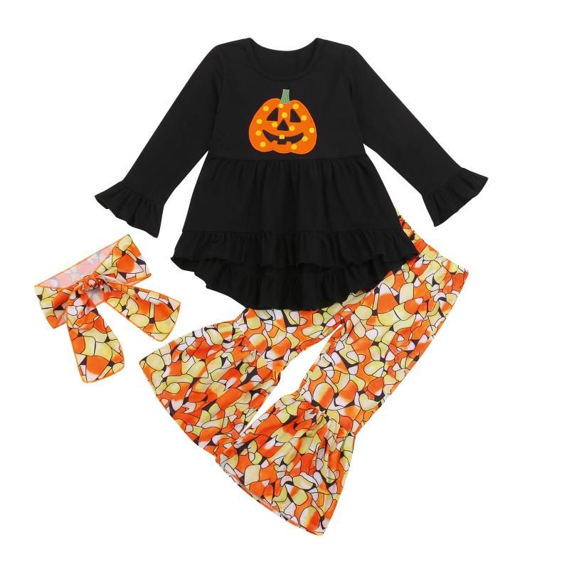Clothing Sets Autumn 2Pcs Baby Girls Halloween Long Sleeve Bell Bottom Pants Outfits Pumpkin Print Ruffle Tracksuits 1-6Y-image-730691530