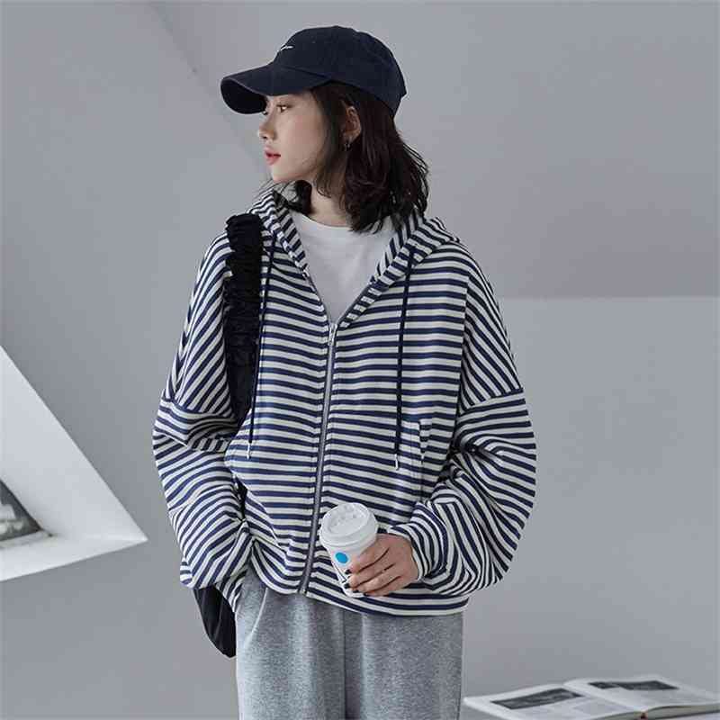 

Hong Kong Style striped Hoodie Jacket Women's 2021 new spring versatile Korean loose long sleeve BF style top