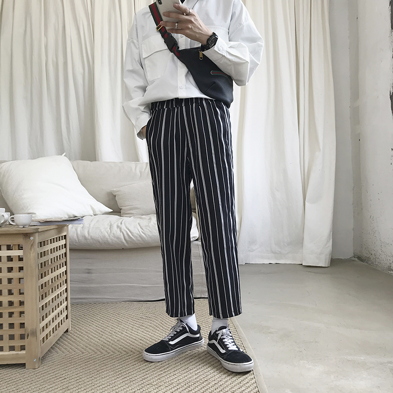

2021 New Men's Stripe Printing Cotton Casual Fashion Trend Active Elastic Haren Pants Hip Hop Trousers Plus Size M-2xl Zv52, Black stripe