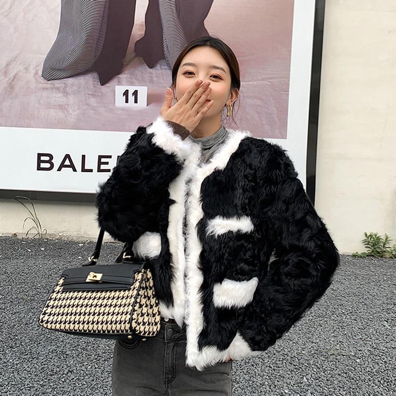 

Women' Fur & Faux 2021 Women Real Lamb Jacket Black And White Female Winter Coats Short Natural Sheepskin Outwear Lady Clothing