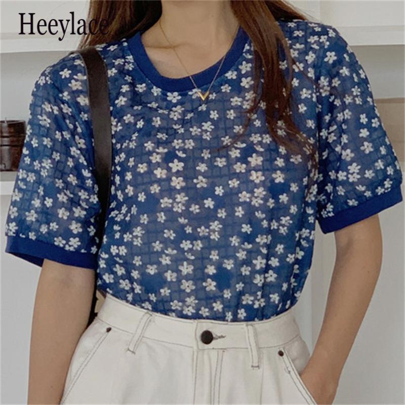 

Women's Blouses & Shirts Mesh Sexy Florals Casual Girls Tops Thin 2021 Summer Slim Femme Sweet Prom Loose Chic Women, White