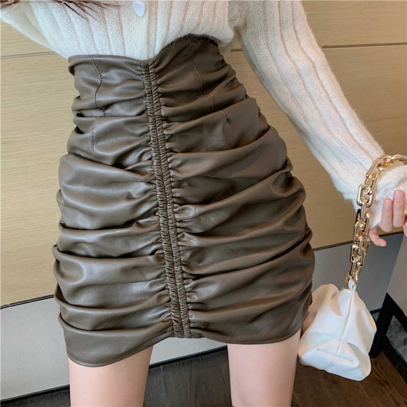 

Women solid color diamond pleated slim skirt Leather lady back zipper vestidos chic hem s 210601, Khaki