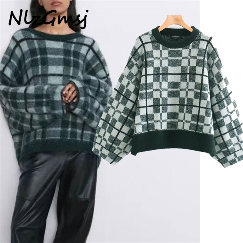 

Sweater Women Knit s Vintage Plaid Pullovers Long-Sleeve Top Oversized Female Loose Casual 210628, As picture