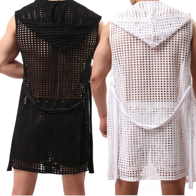 

Men' Sleepwear Mesh Fishnet Robes Hooded Sleeveless Bathrobes Homewear Nightwear Hollow Out Mens Robe Kimono Wrestling Singlet Outerwear, Black