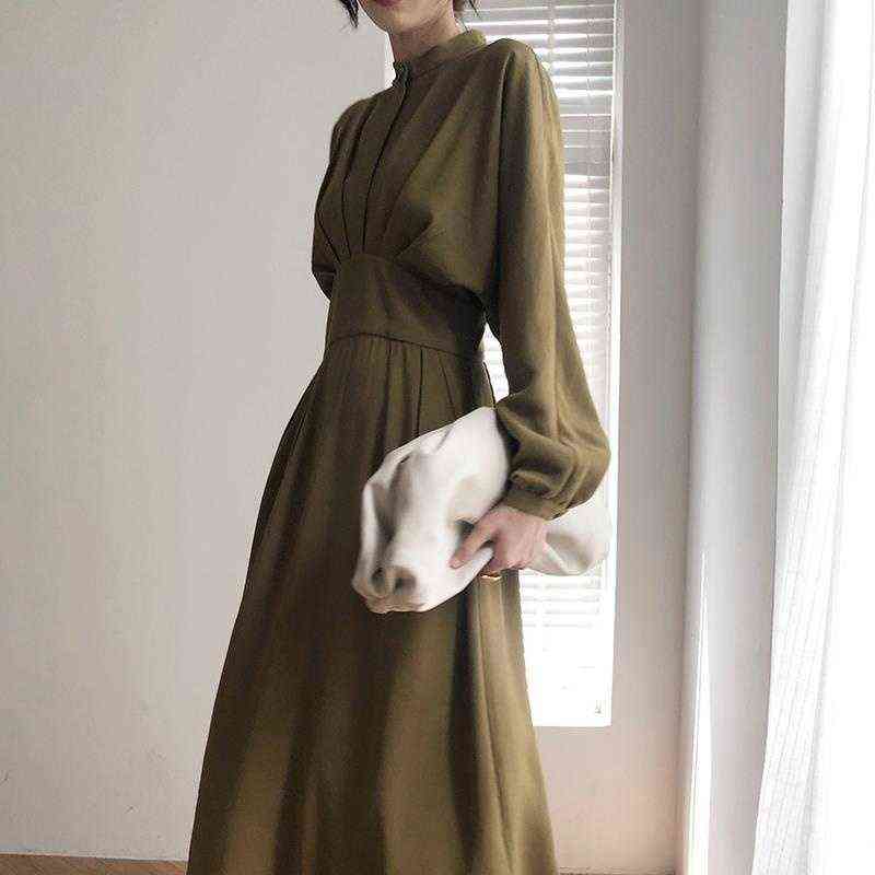 

Vintage Long Sleeve Elegant Autumn Bodycon Dress Women Women' Spring Slimming Pleated Stand Collar Midi Dress Dresses Female G1223, Advanced black