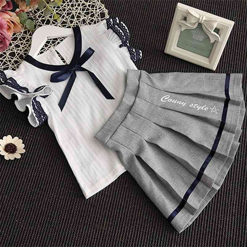 

Arrivals Summer Children Sets Short Sleeve Lace Bow T-Shirt Letter Gray Skirt Preppy Style 2Pcs Girls Clothes 2-7T 210629, White