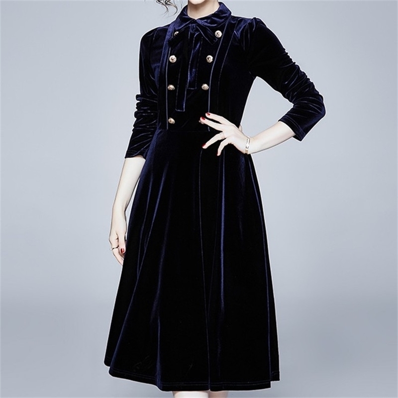 

Women Lions Double-Breasted Velvet Autumn Fashion Long Sleeve Bow Collar Vintage Female Midi Dress 210603, Picture color