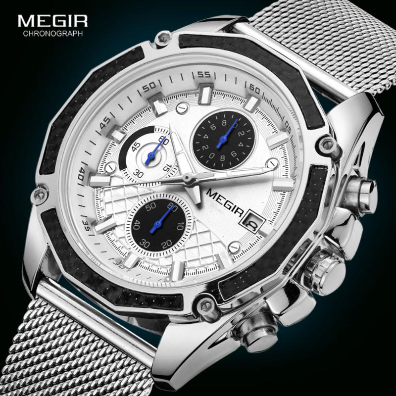 

Wristwatches MEGIR Men's Watches 2021 Luxury Fashion Chronograph Quartz Watch For Man Mesh Strap Casual Army Sport Waterproof Wrist, Ml2015g-black