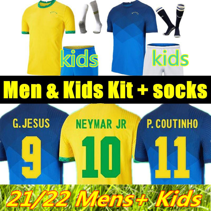 

2021 soccer jerseys Richarlison G.JESUS Copa America brazilS football shirt set 20 21 COUTINHO FIRMINO Marquinhos Casemiro Camiseta men kids kit uniforms, Away
