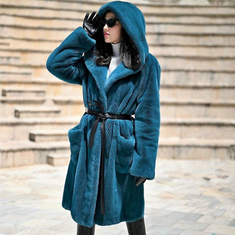 

Women's Fur & Faux Winter Real Mink Coat With Hood High Quality Dark Green Women Natural Long Fashion Woman Overcoat 2021, Black
