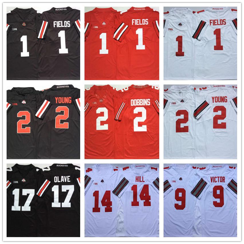 

NCAA 2020 Ohio State Buckeyes 9 Binjimen Victor 14 KJ Hill 1 Justin Fields 2 Chase Young 17 Chris Olave football jerseys Stitched, Black;red