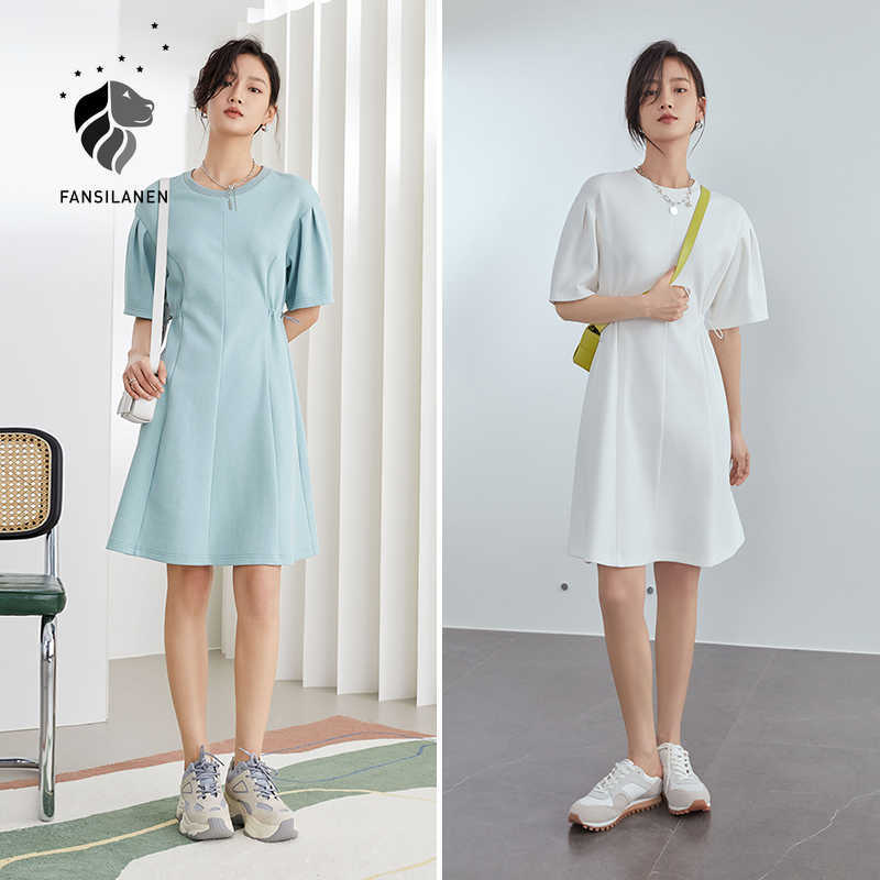 

FANSILANEN Office Ladies Knitted Blue White Dress Women Summer Style Puff Sleeve Short-Sleeved A-line Skirt 210607