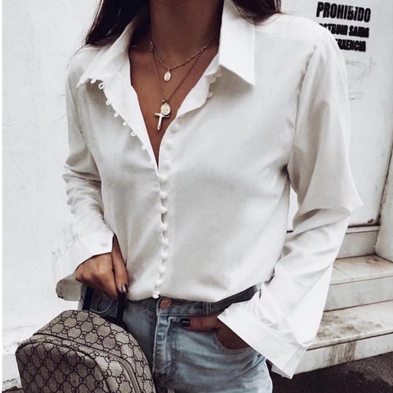 

2021 Retro Pearl Button Lapel Shirt French White color Single-breasted Long sleeve Women Blouse Casual Tops