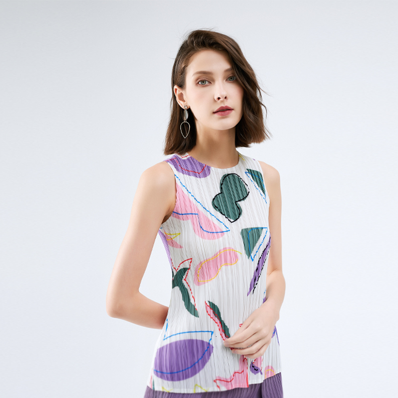 

2021 Pleated Geometric Print Women's Summer New Sleeveless T-shirt Casual Top Habg, Black